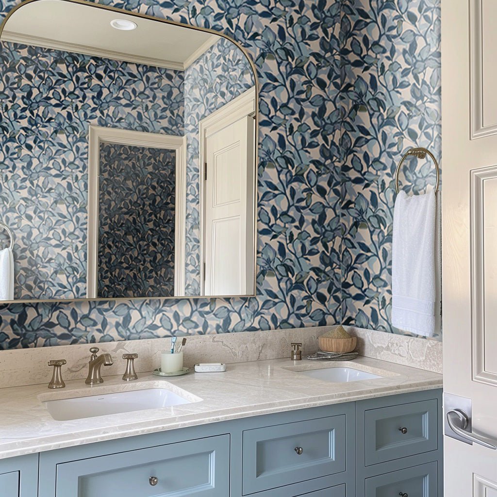 Tapiz modelo Hojas Azules Acuarela para baño y sala