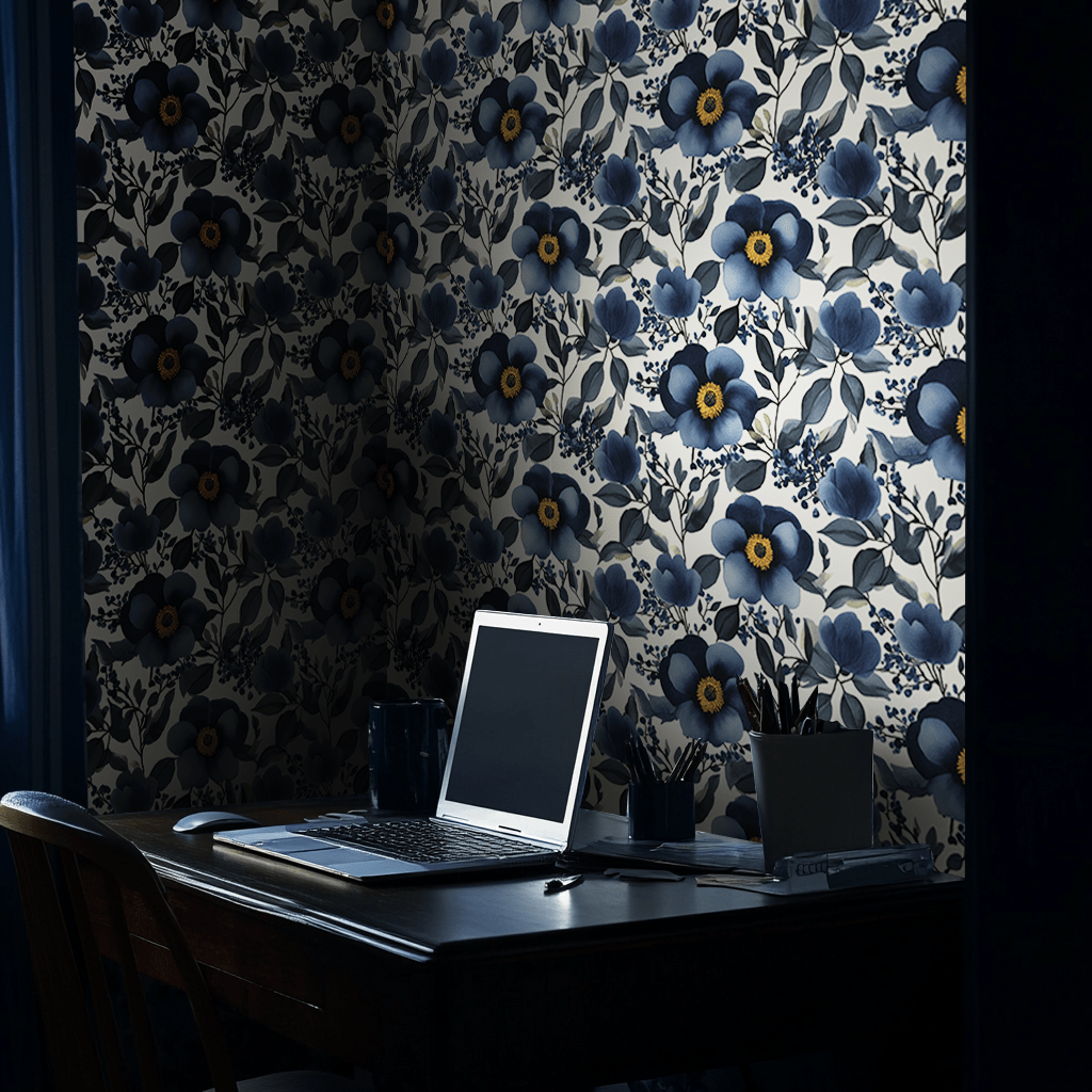 Mural Azules Nocturnos: Tapiz Decorativo Flores Elegantes