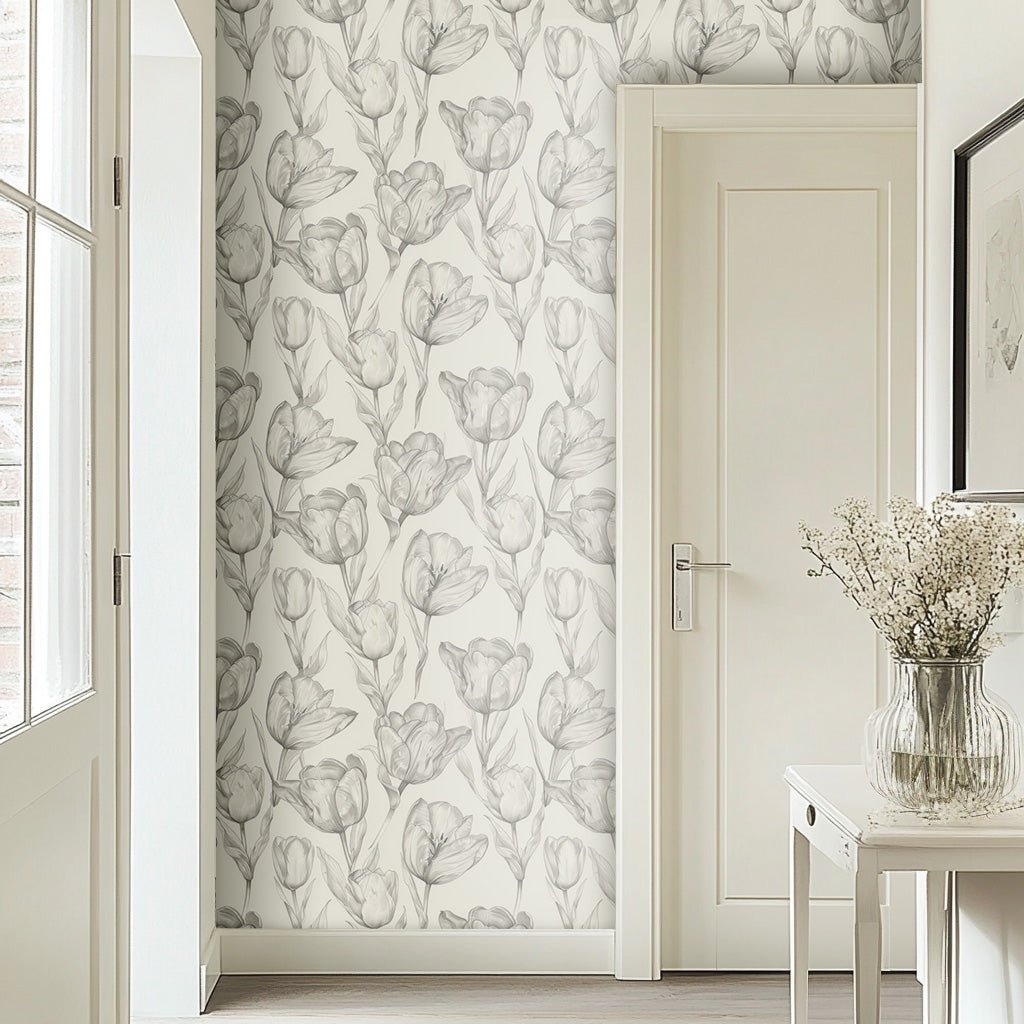 Mural Tulipanes Grises Elegantes para Decoración de Sala