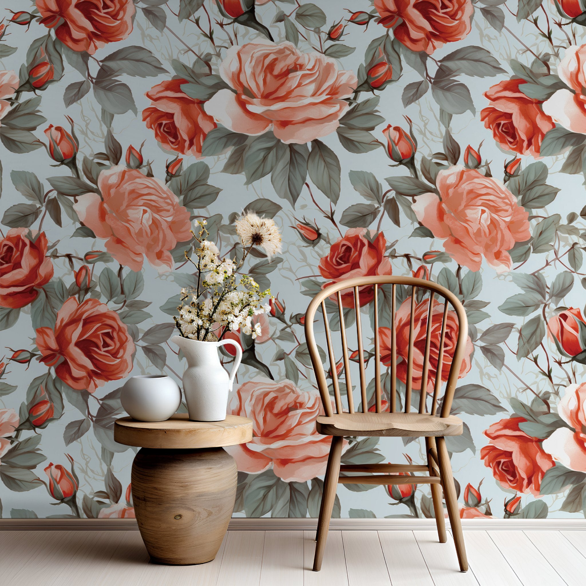 Mural Rosas del Lago diseño floral para pared, papel tapiz decorativo