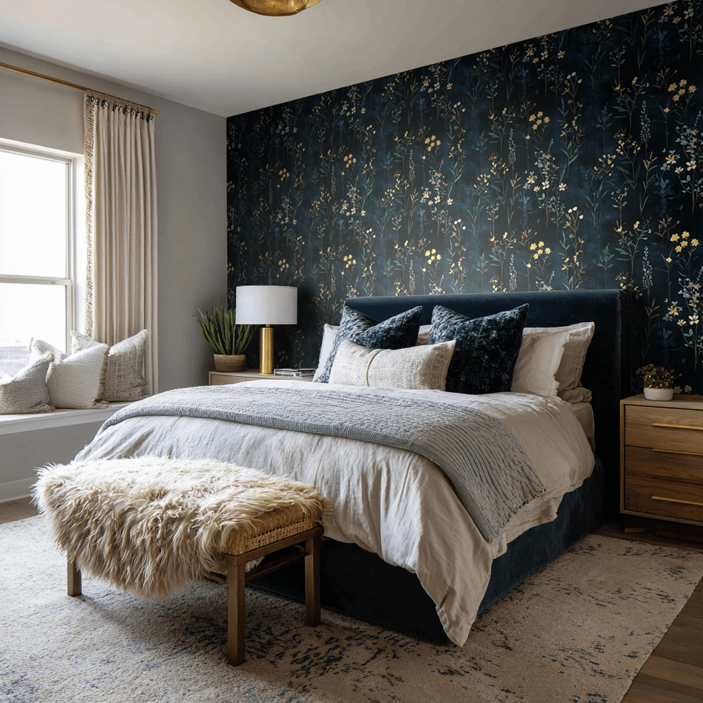 Tapiz Modelo Lillia Noche Floral Azul Para Pared