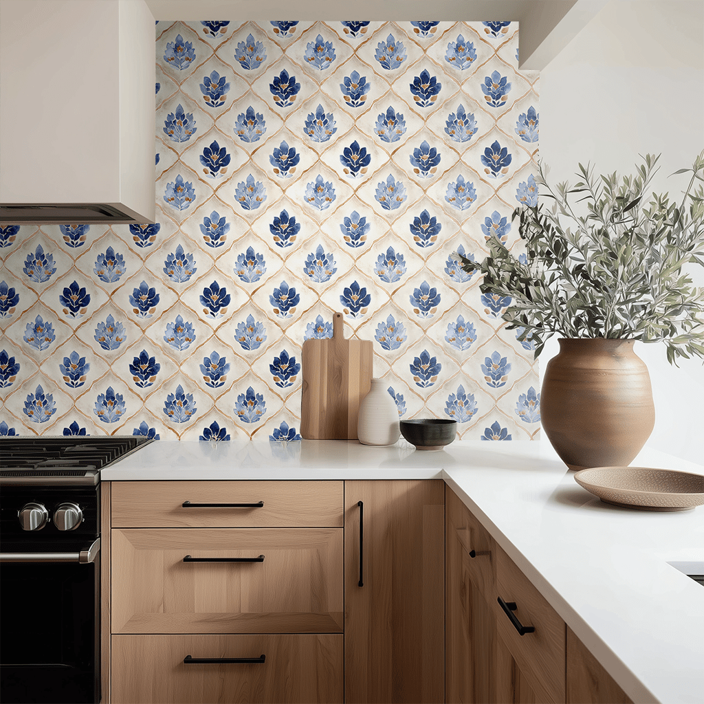 Mural Lotus Azul Colonial para Cocina y Sala, papel tapiz decorativo