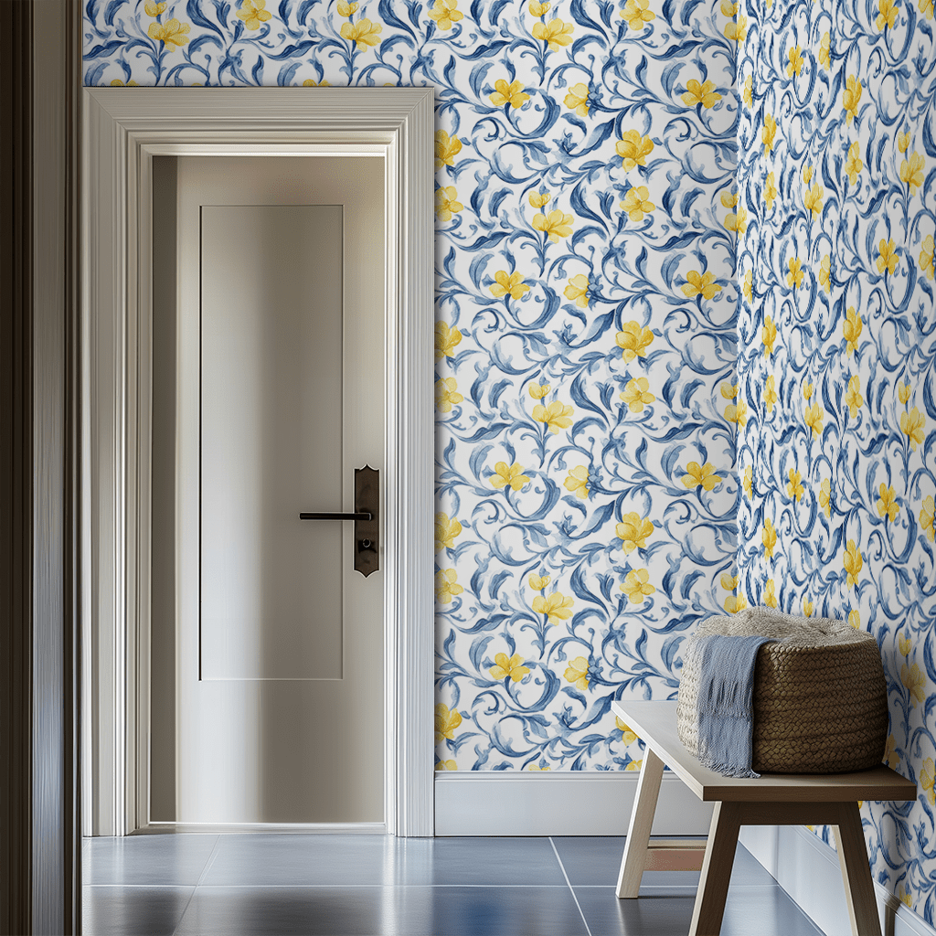 Modelo Mural Lucca Jardín Azul Amarillo, papel tapiz decorativo premium