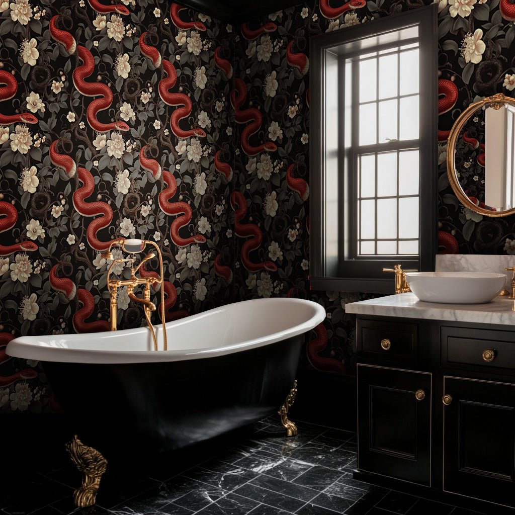 Modelo Mural Lucián: Serpientes y Flores Exóticas para Baños y Salas