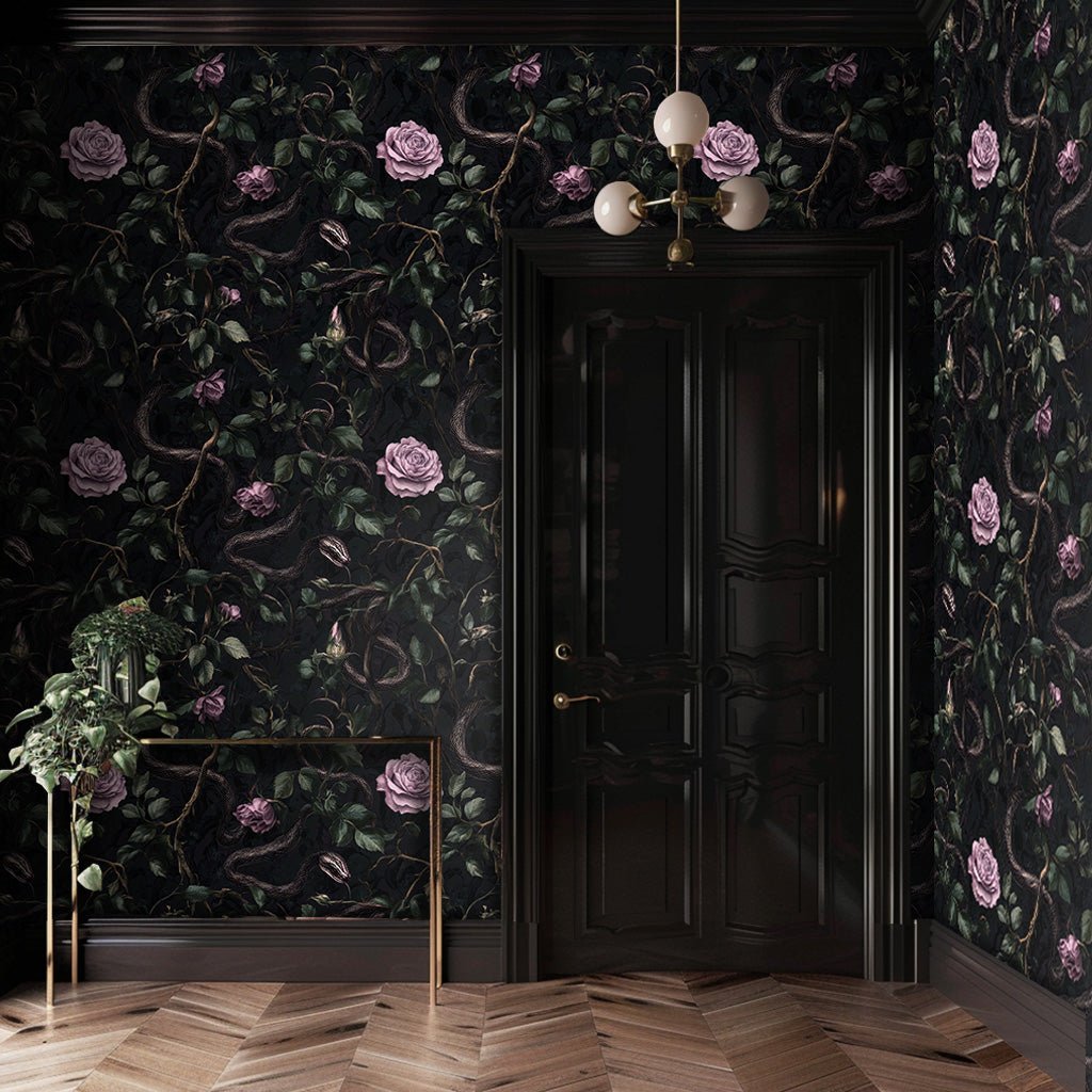 Mural Lucien Nocturno Rosas Violeta en Lianas – Papel Tapiz Decorativo