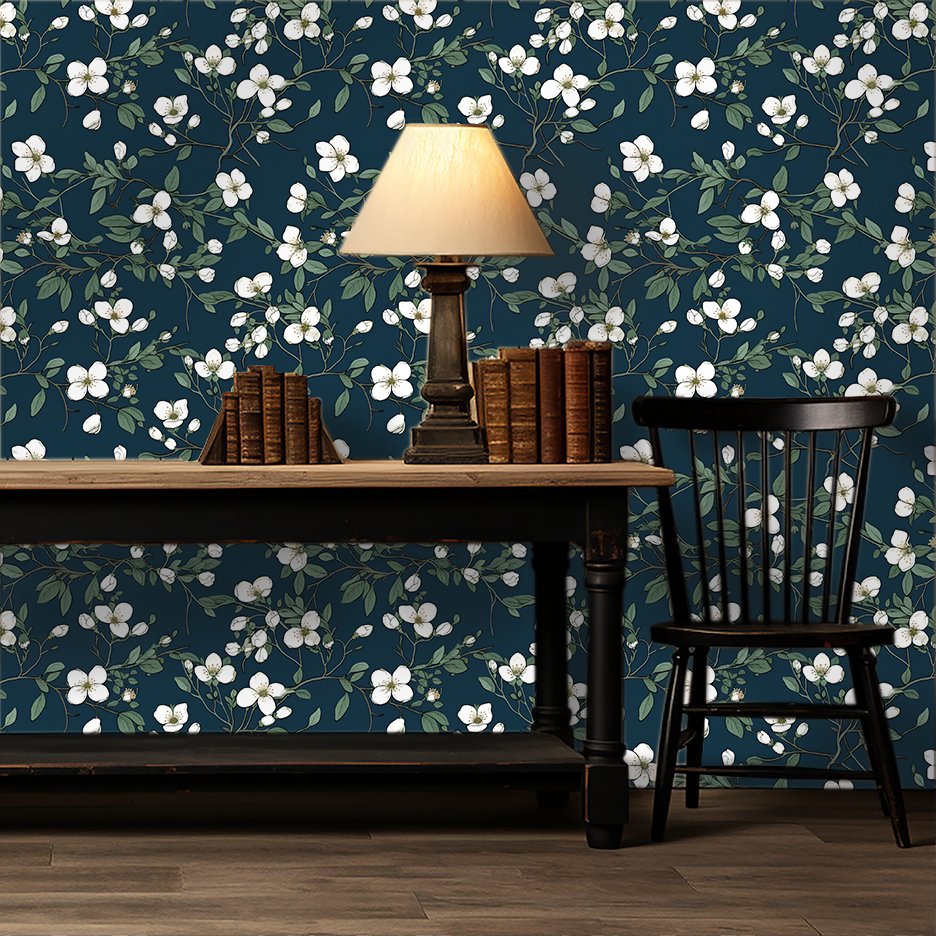 Mural Jasmine Nocturno, floral azul con ramas y flores blancas
