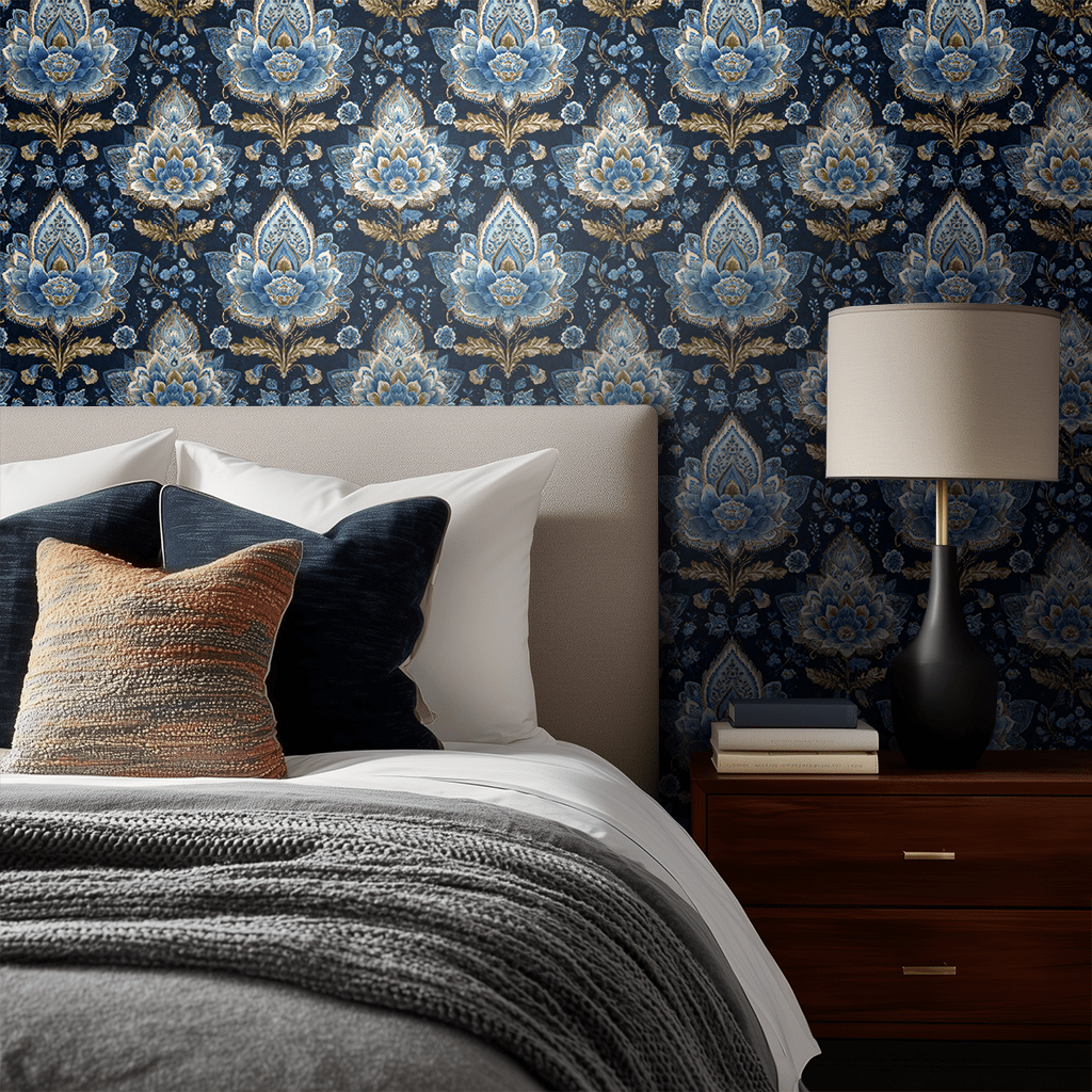 Mural Jardín Nocturno Azul Oro, papel tapiz decorativo floral elegante