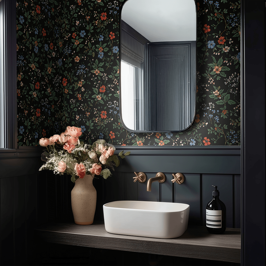 Mural Noche Floralia, diseño floral oscuro decorativo