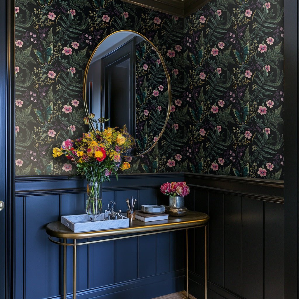 Modelo Oralia Mural Botánico Nocturno con Flores Rosas
