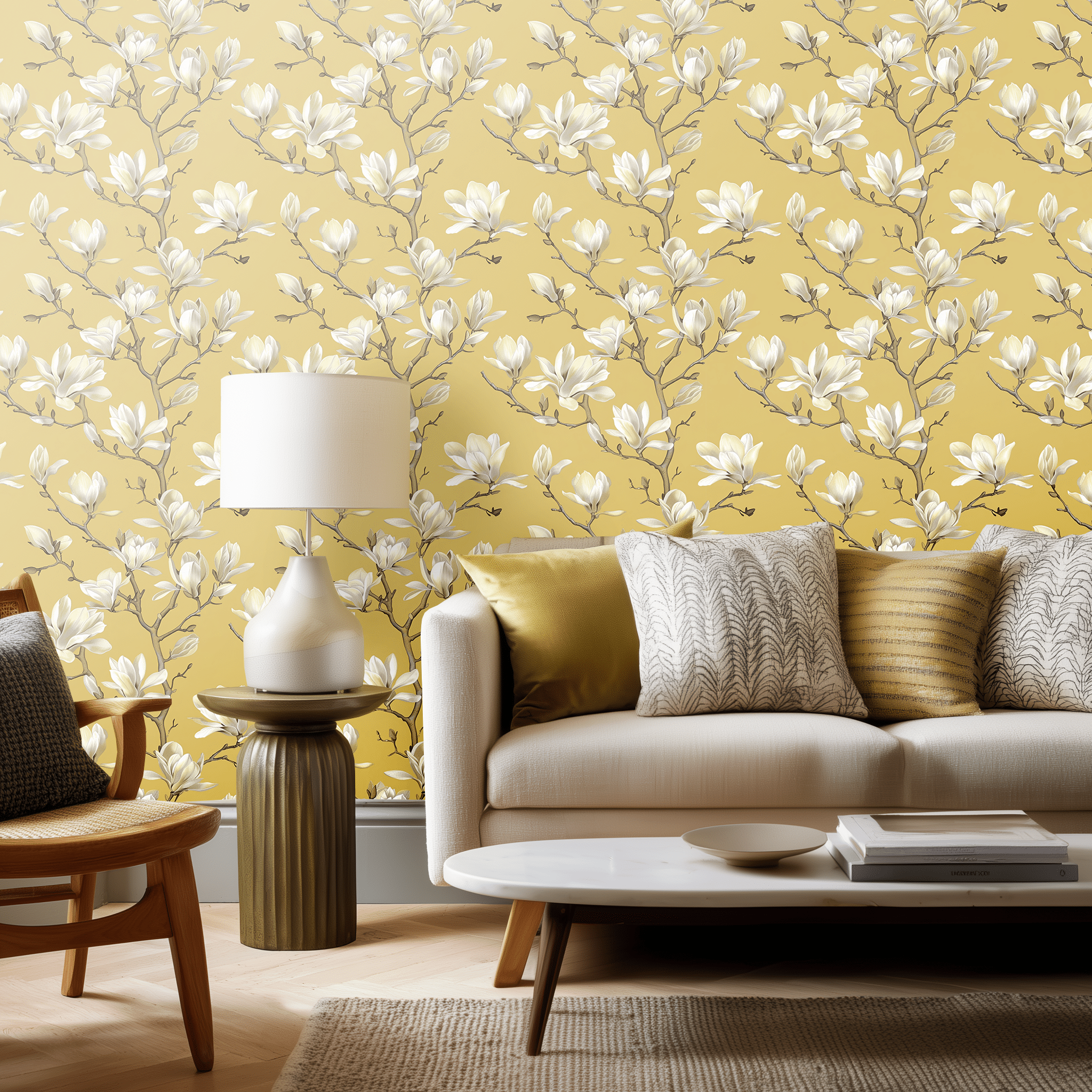 Modelo Magnolia Dorada: mural de flores blancas sobre fondo amarillo