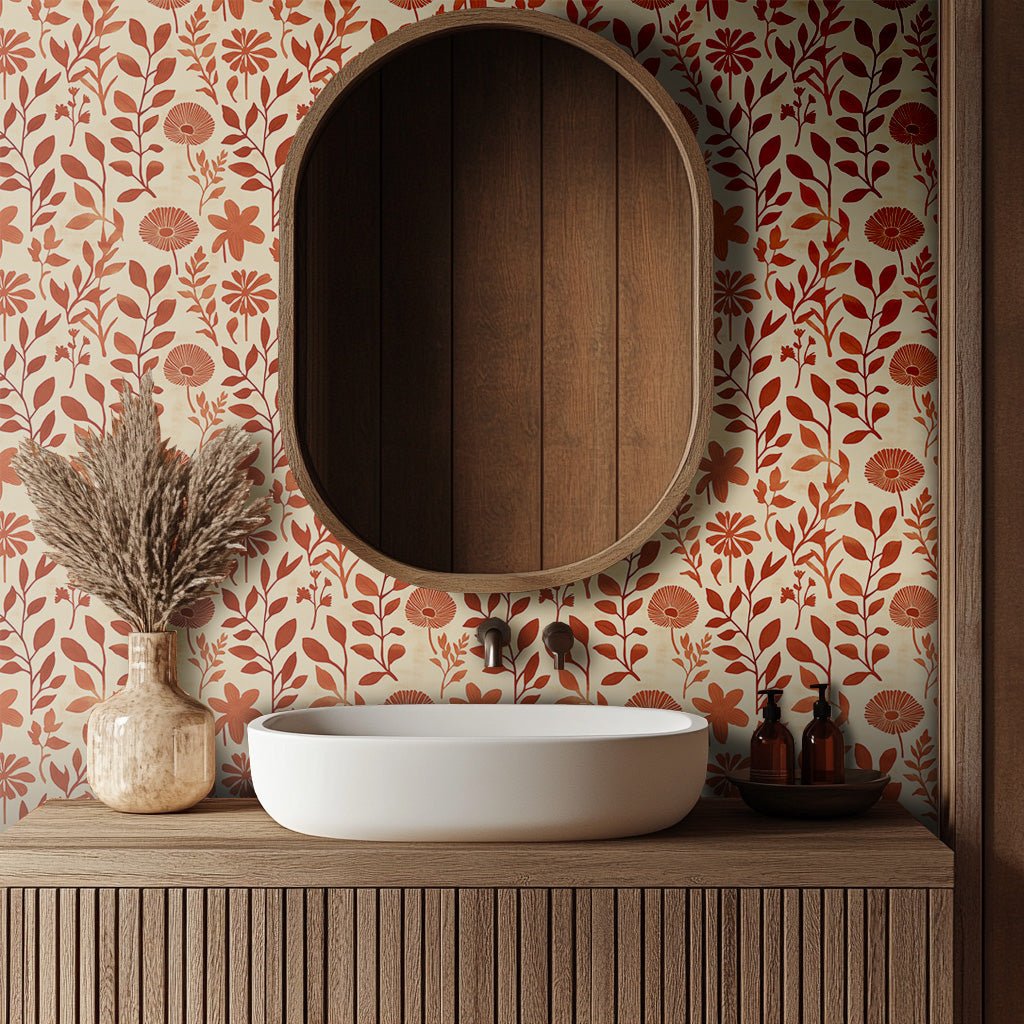 Mural Silvestre Rojo Ocre, papel tapiz decorativo floral