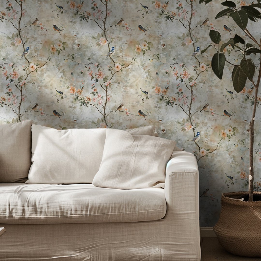Mural Portia Tapiz Floral con Aves para decoración mural