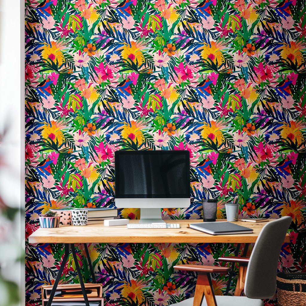 Mural Tropical Clementine, decoración mural exuberante, papel tapiz decorativo
