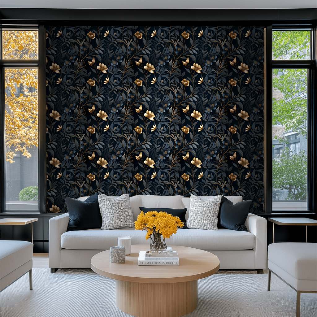 Papel tapiz floral nocturno con destellos dorados elegantes