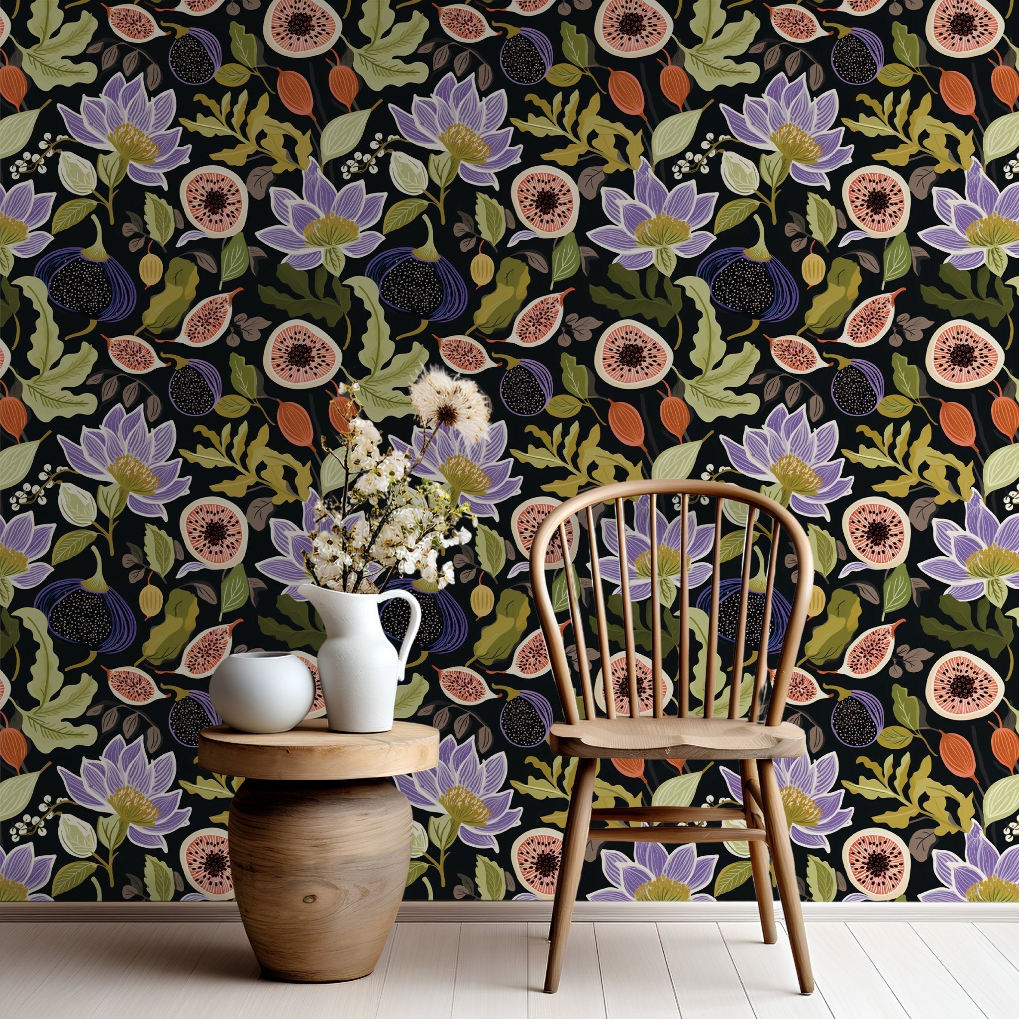 Papel tapiz floral higos y magnolias fondo oscuro vibrante