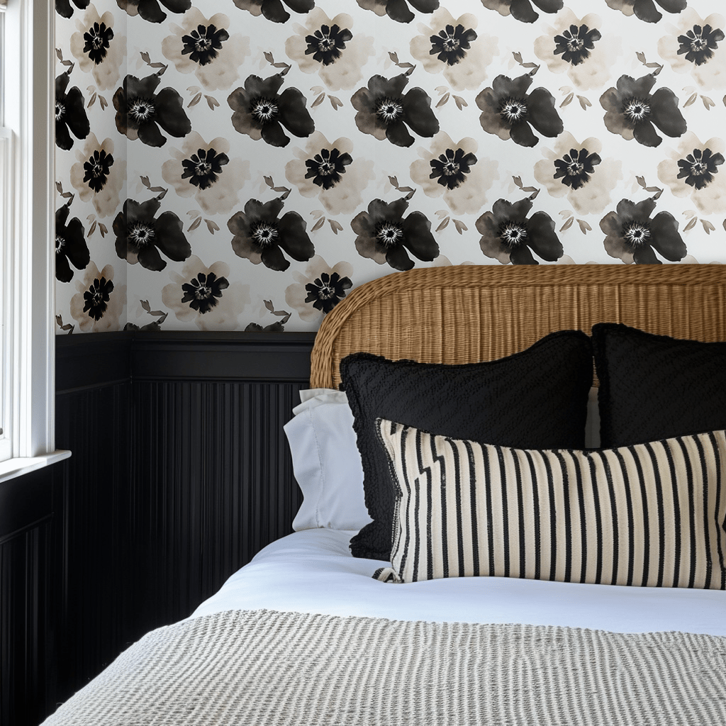 Papel tapiz floral acuarela negro beige para paredes modernas