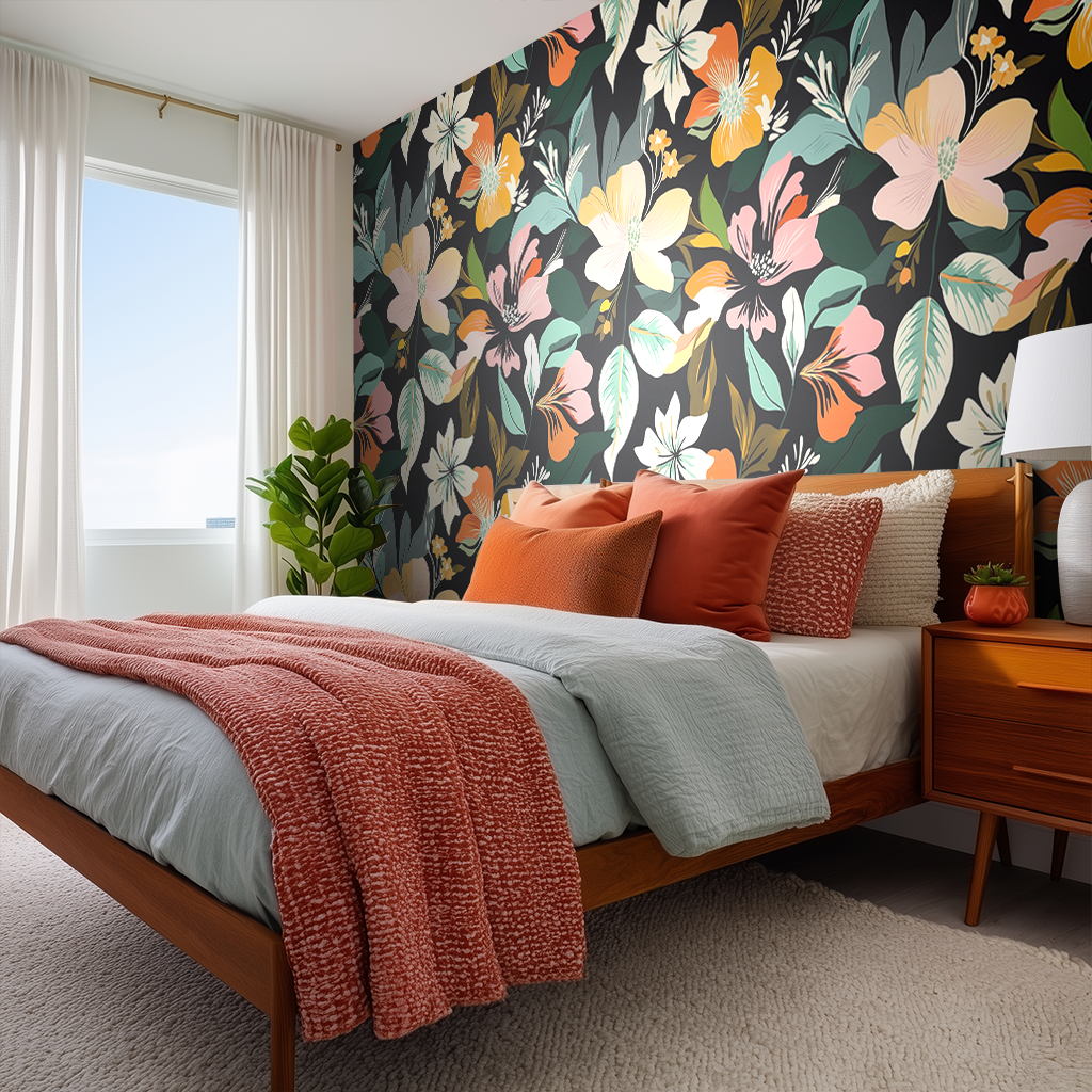 Papel tapiz floral vibrante para recámara Estilo Primavera