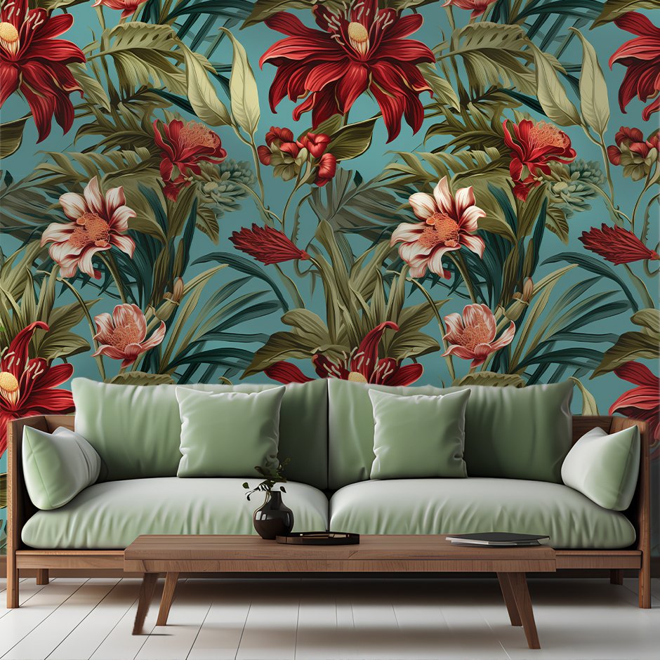 Papel Tapiz Floral Exuberante Selva Tropical Rojo y Verde
