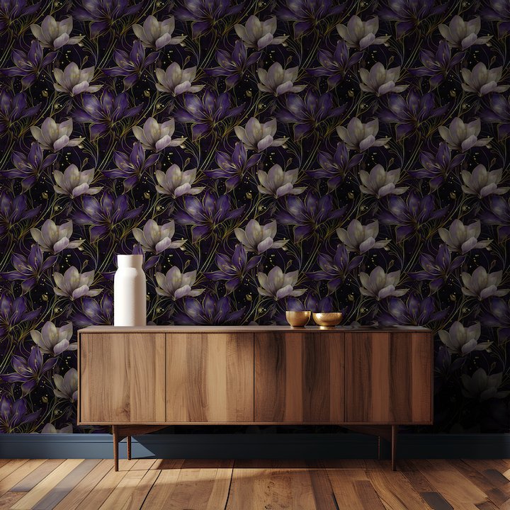 Papel tapiz floral elegante magnolias púrpuras y beige
