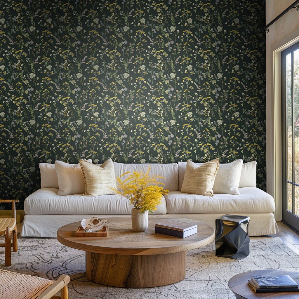 Papel tapiz floral oscuro estilo botánico para sala
