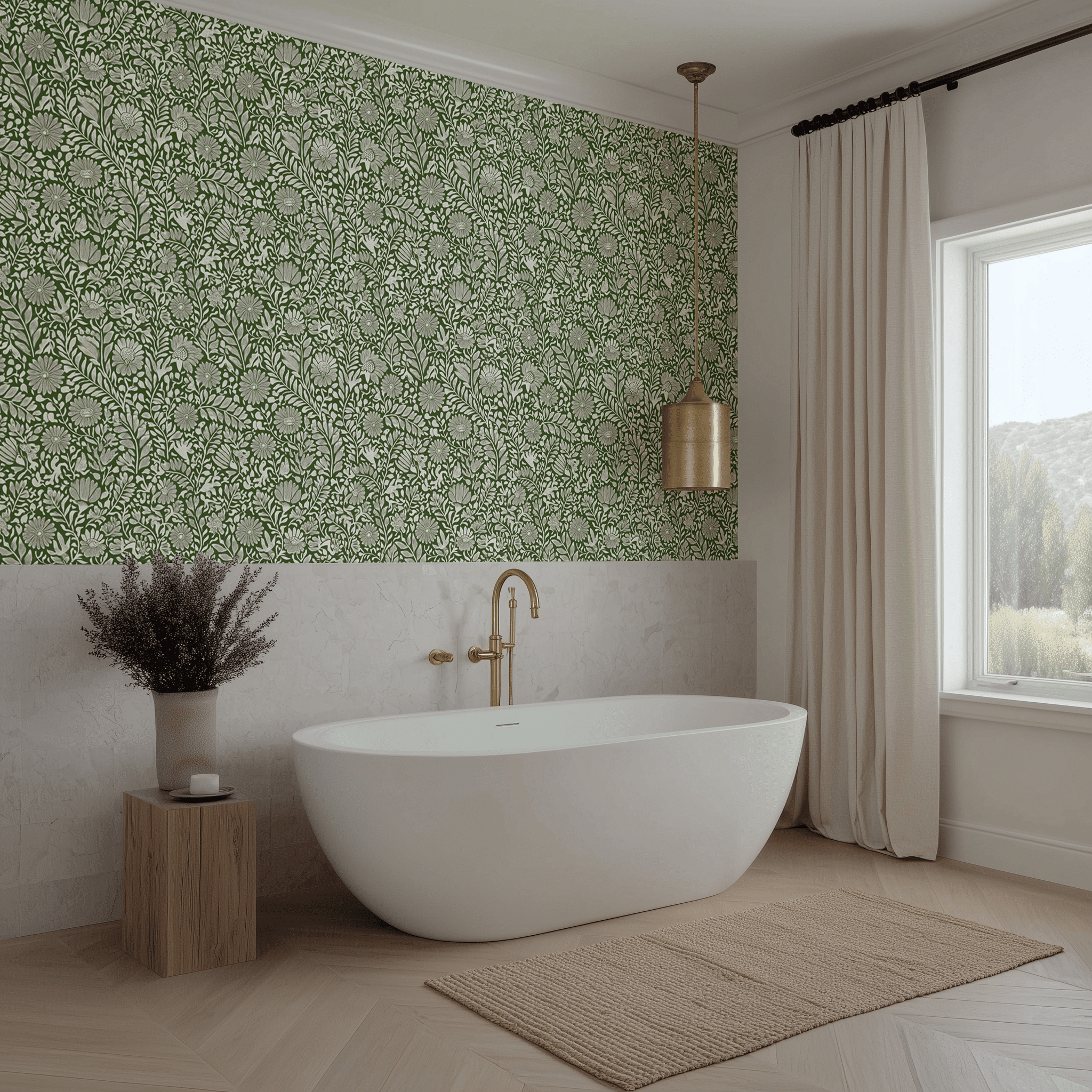 Papel Tapiz Botánico Verde Dalias y Hojas Decorativo