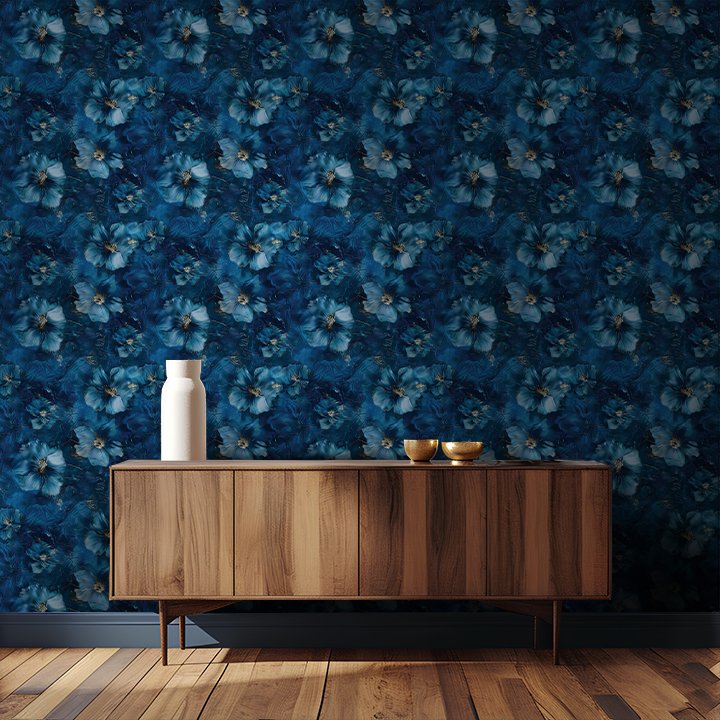 Papel Tapiz Azul Medianoche Flores Exóticas Decorativo