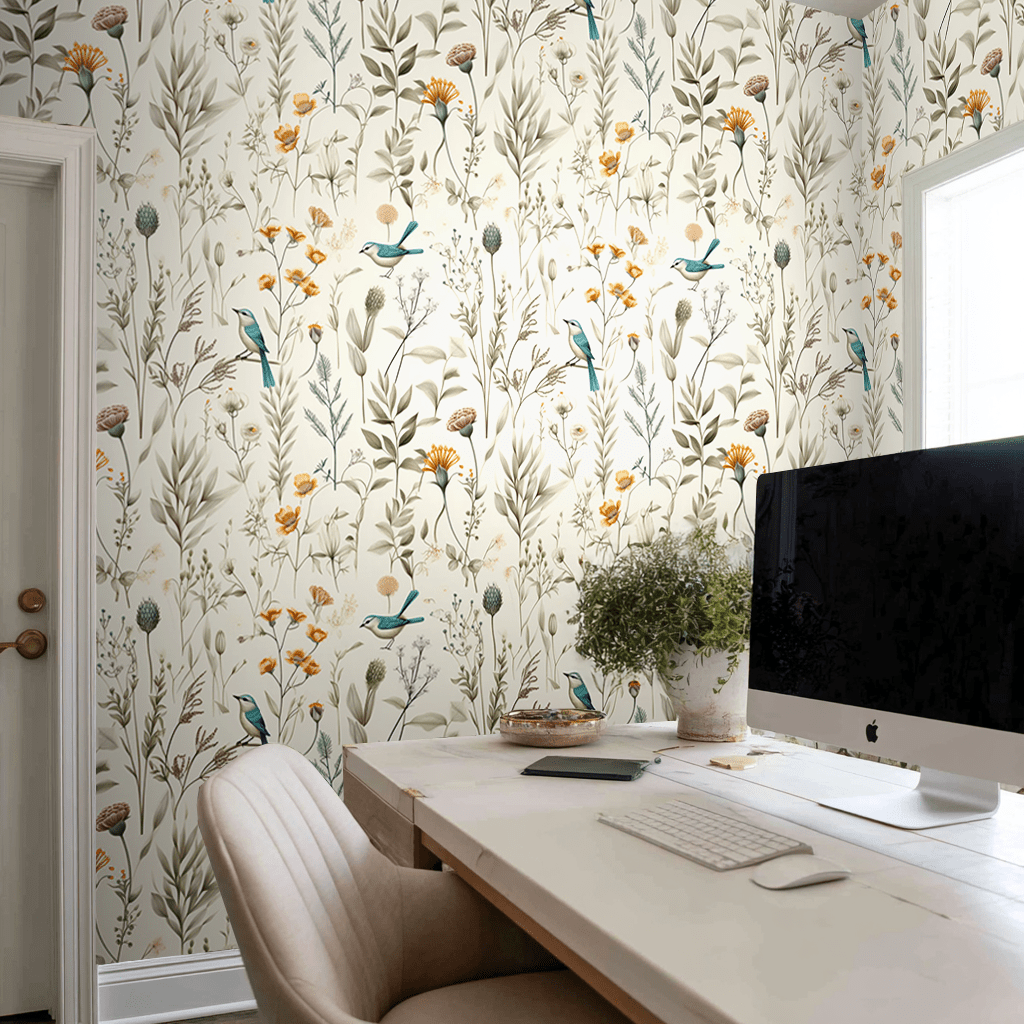 Papel tapiz floral con aves silvestres para oficina y hogar