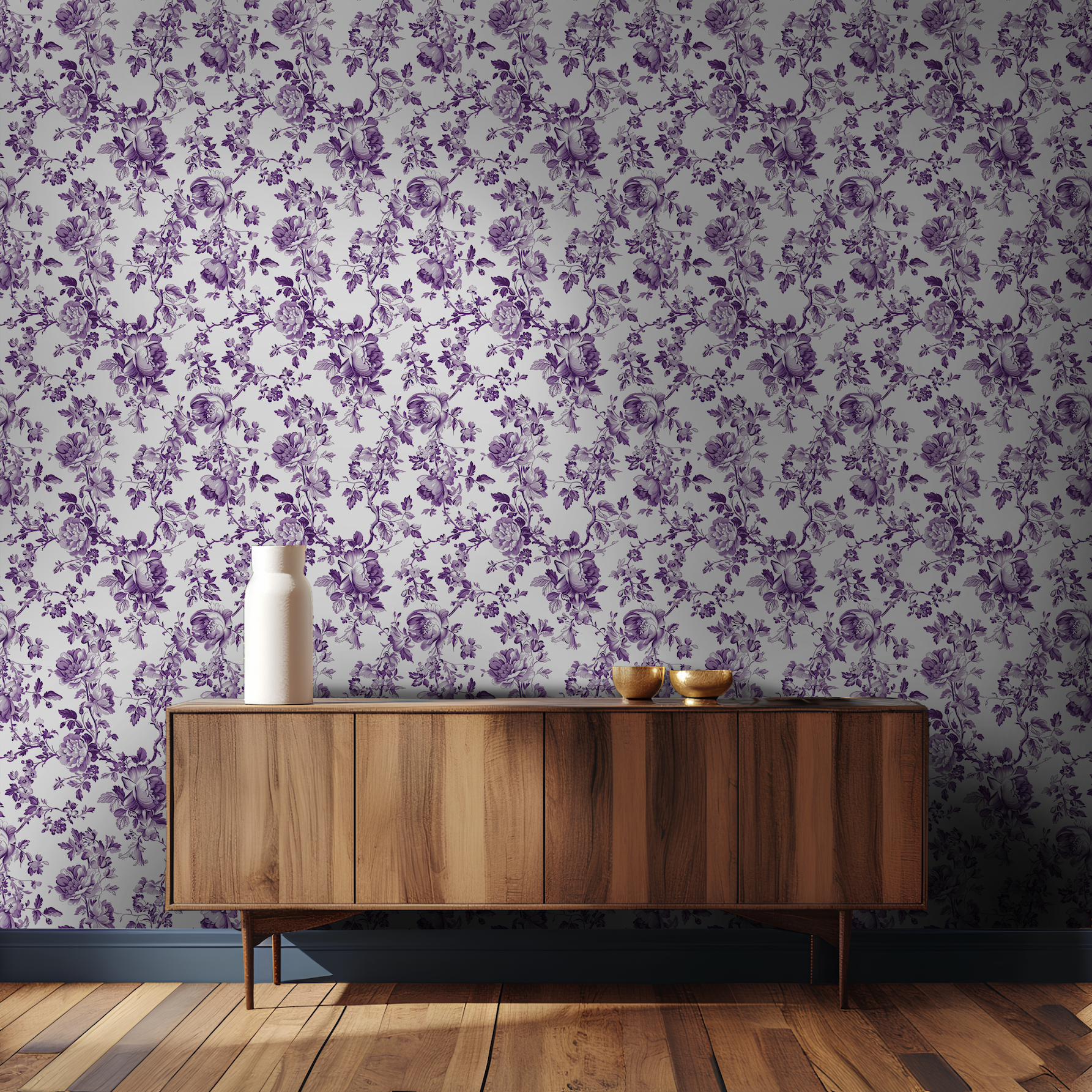Papel tapiz floral violeta vintage Valarie para sala y recámara