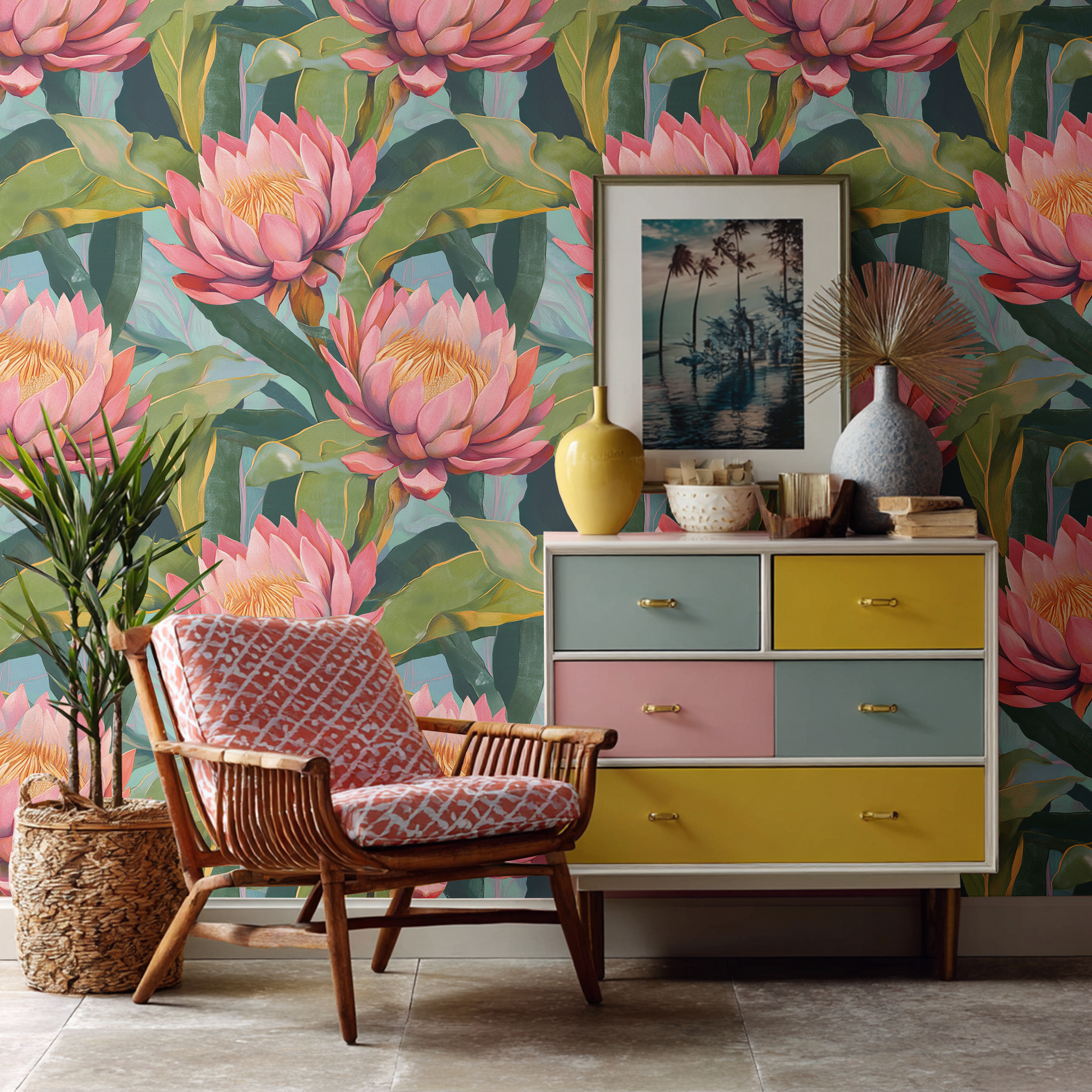 Papel tapiz floral exuberante lotus tropical