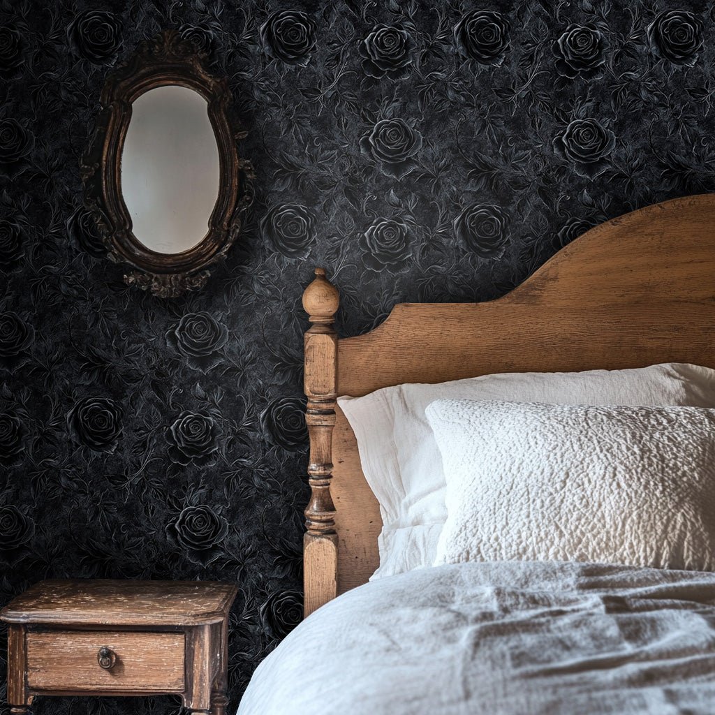Papel tapiz negro vintage con rosas en relieve decorativas