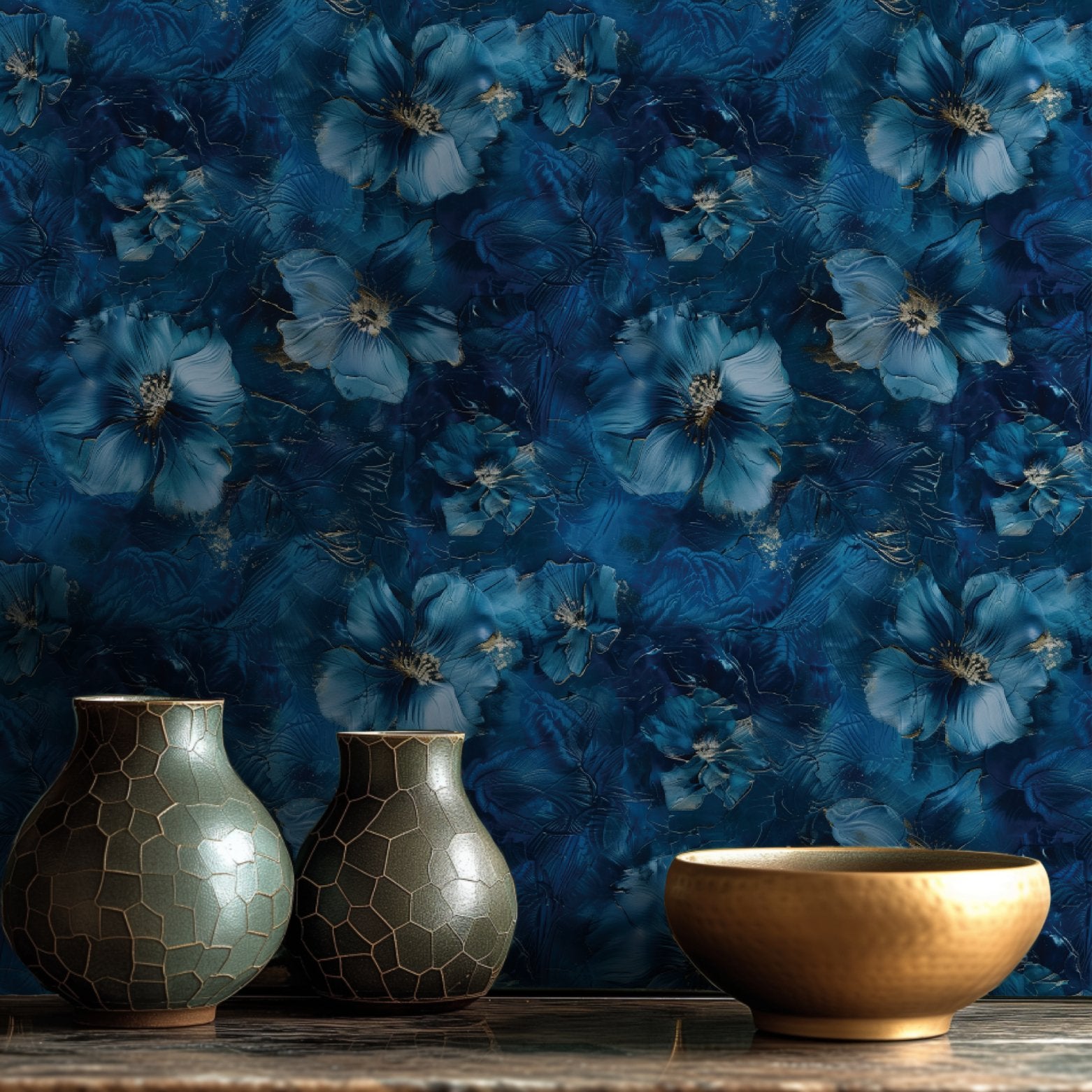 Papel Tapiz Azul Medianoche Flores Exóticas Decorativo