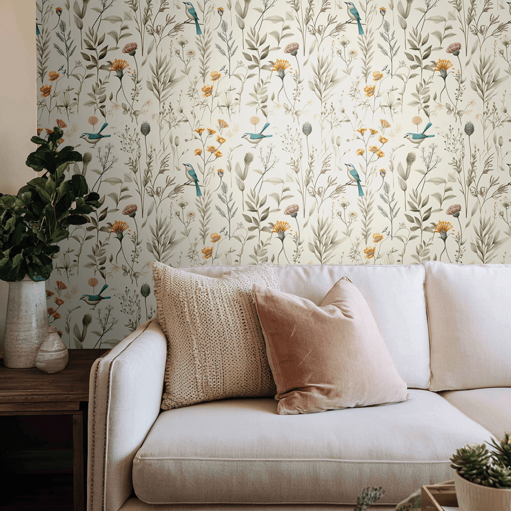 Papel tapiz floral con aves silvestres para oficina y hogar