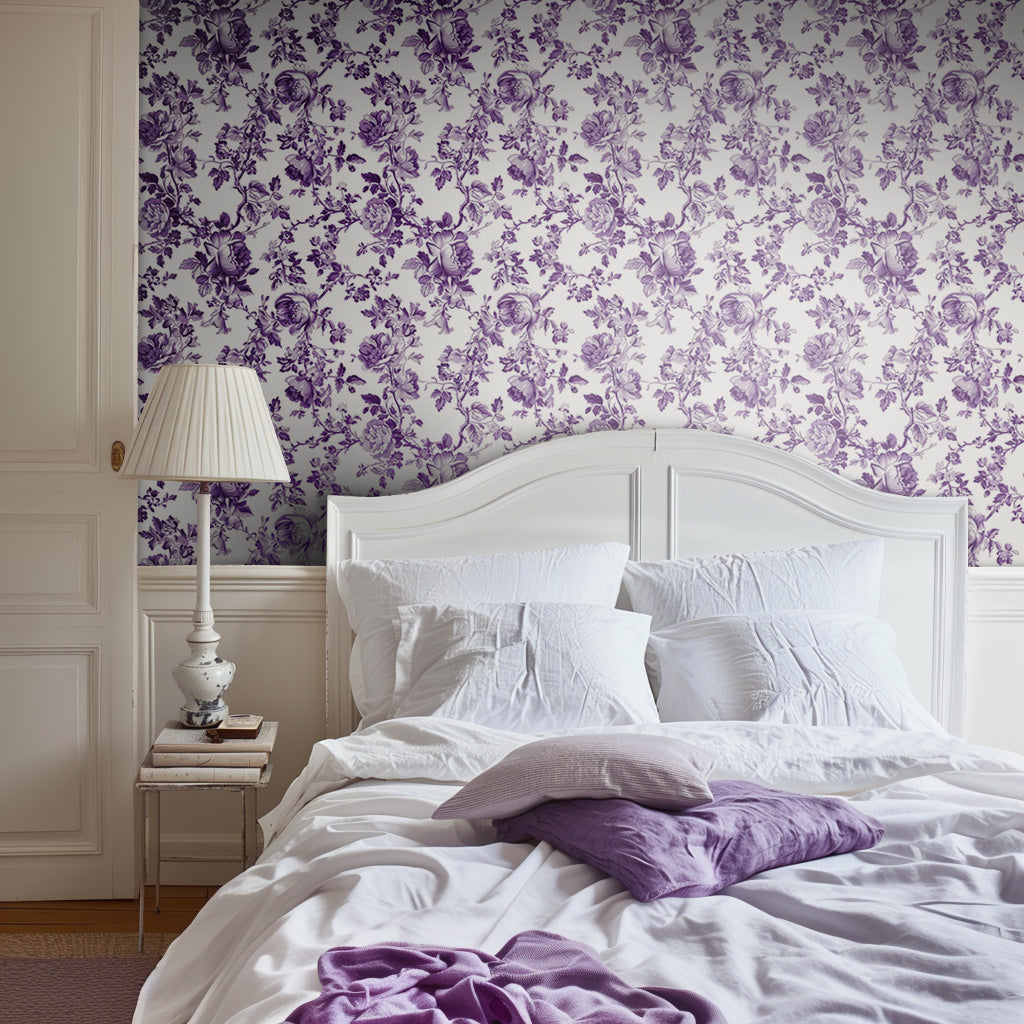 Papel tapiz floral violeta vintage Valarie para sala y recámara