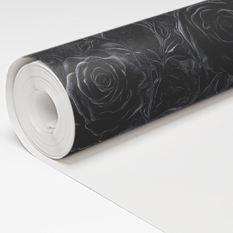 Papel tapiz negro vintage con rosas en relieve decorativas