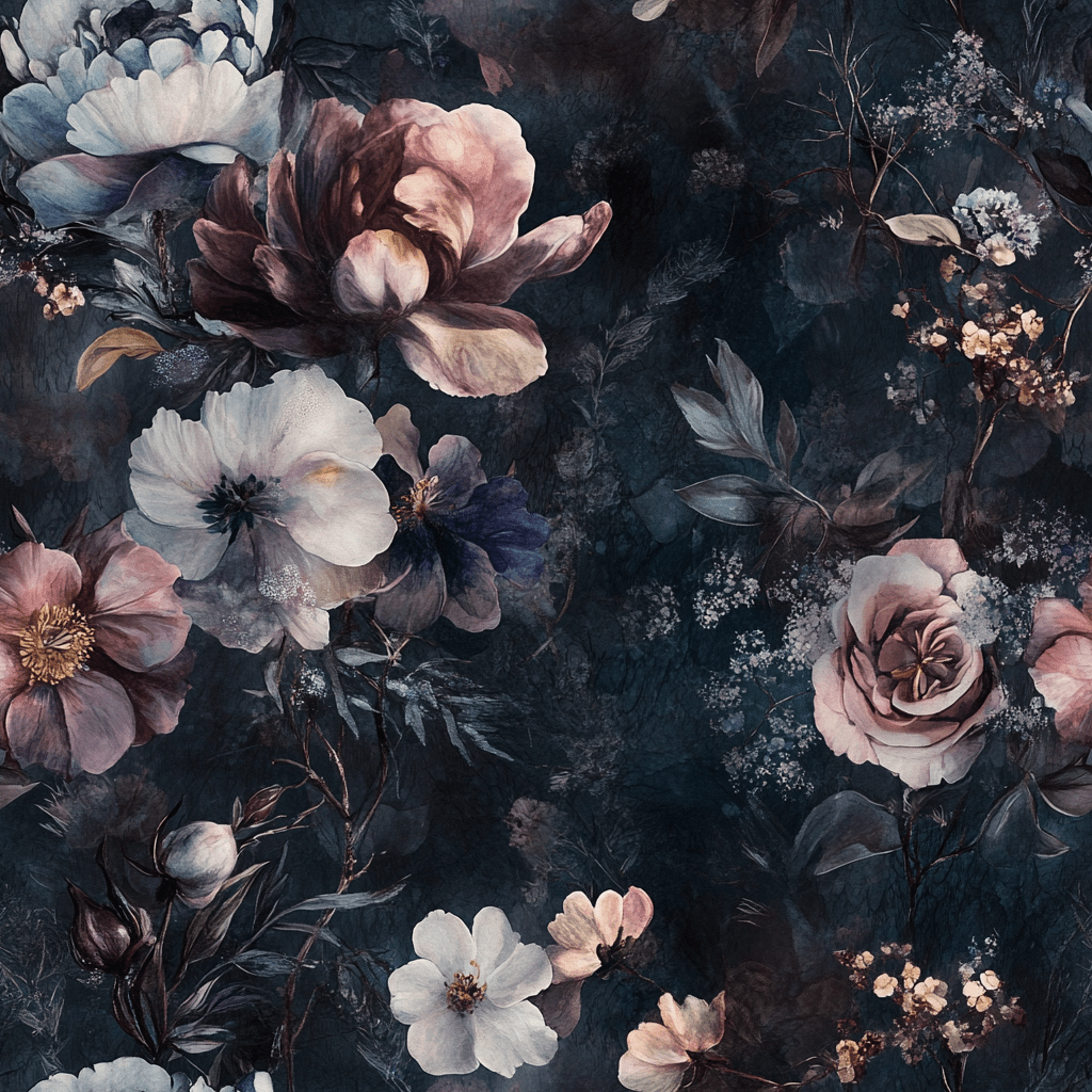 Mural Botánico Nocturno Rosas Vintage en papel tapiz decorativo
