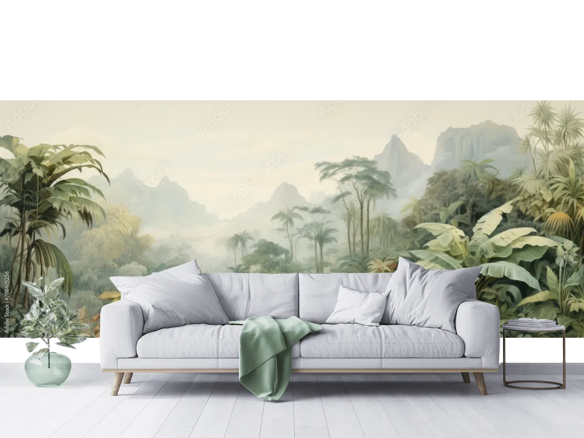 Mural Selva Mística Bruma Tropical papel tapiz decorativo