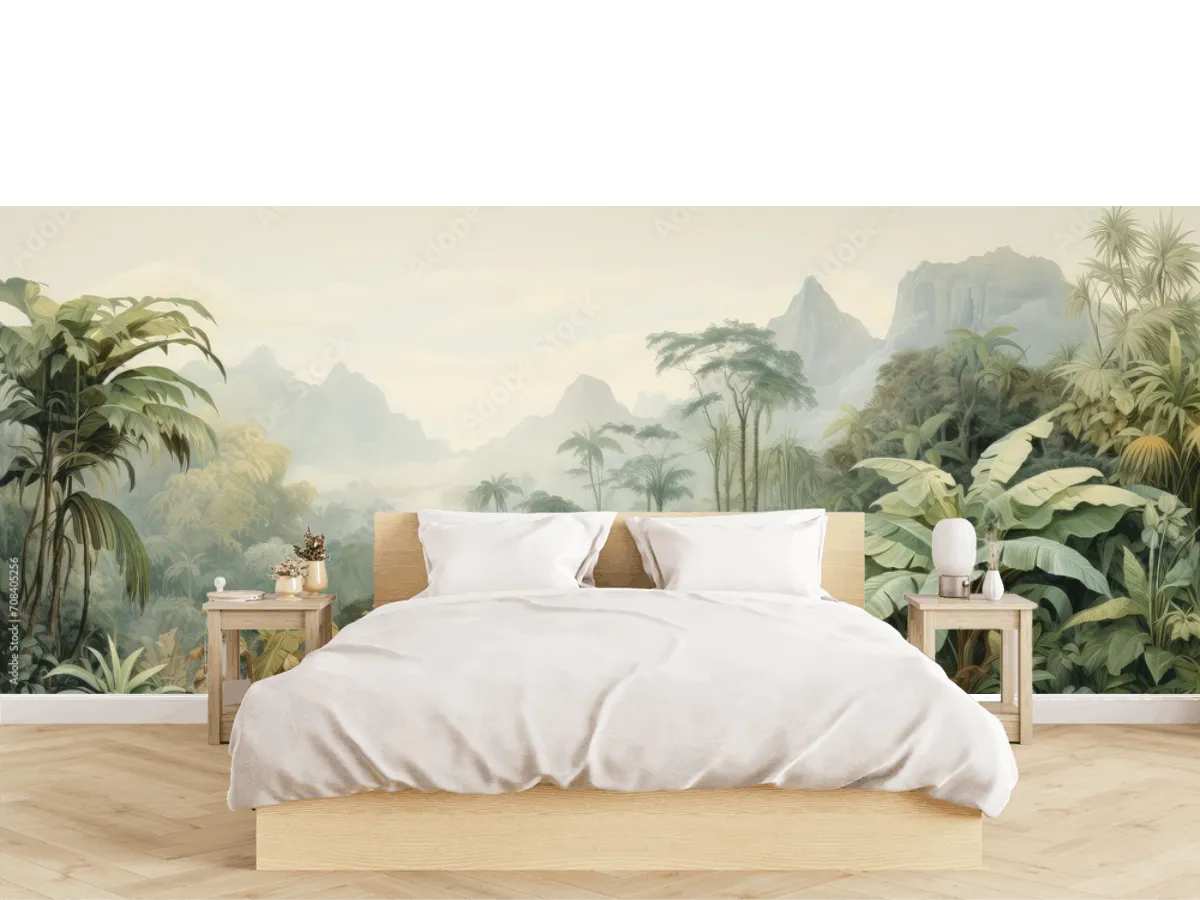 Mural Selva Mística Bruma Tropical papel tapiz decorativo