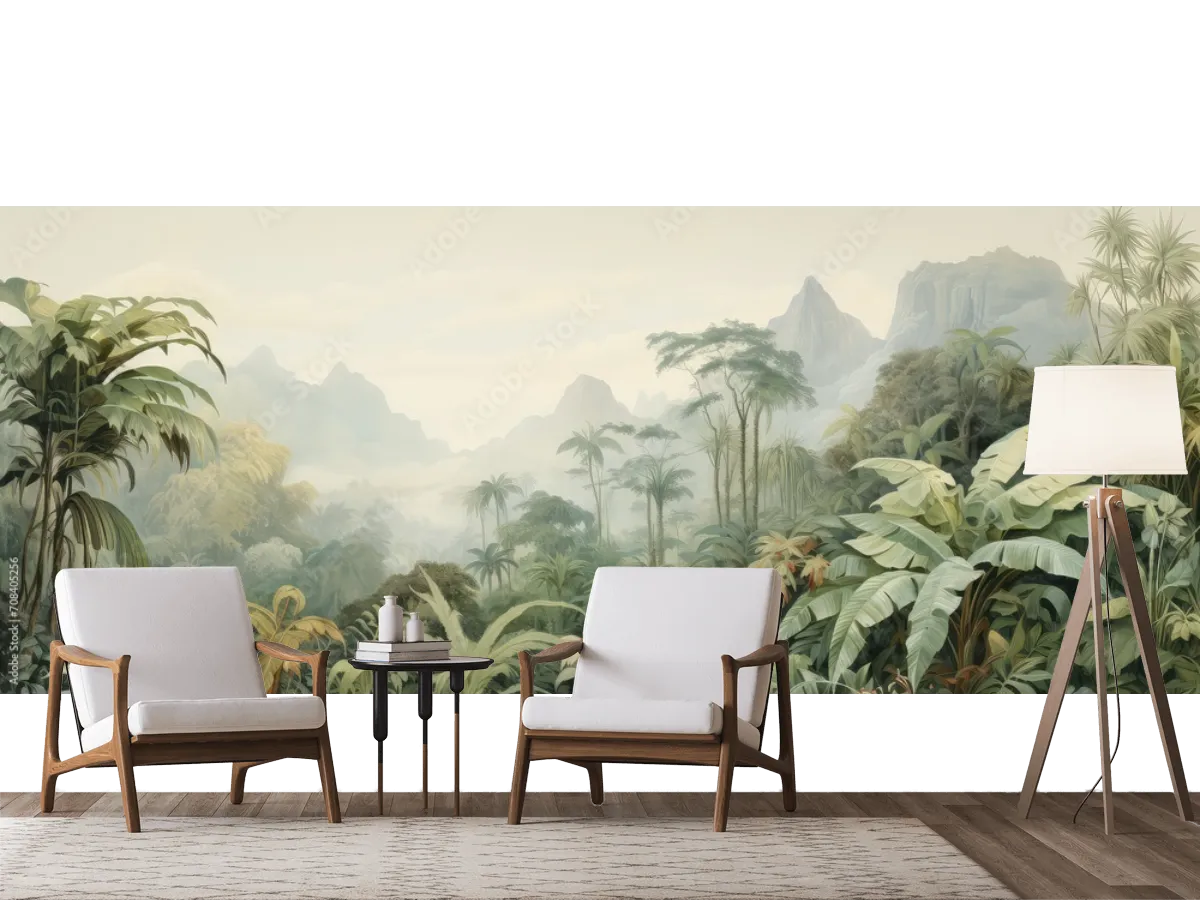 Mural Selva Mística Bruma Tropical papel tapiz decorativo