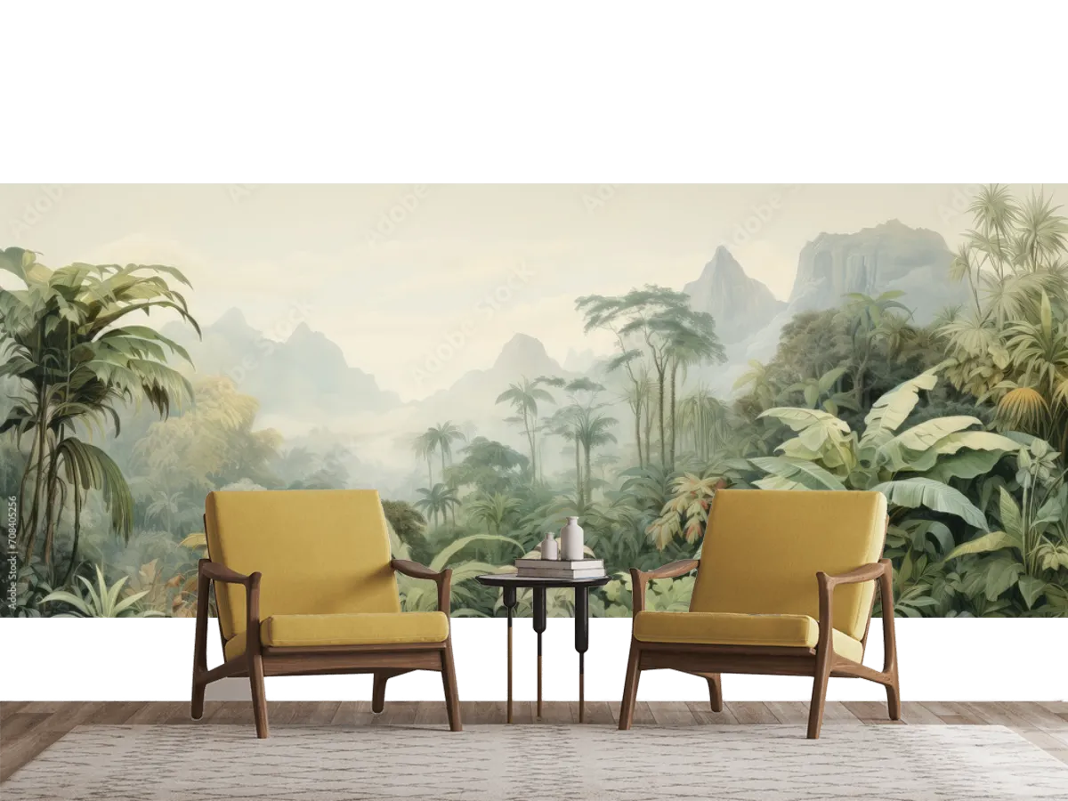 Mural Selva Mística Bruma Tropical papel tapiz decorativo
