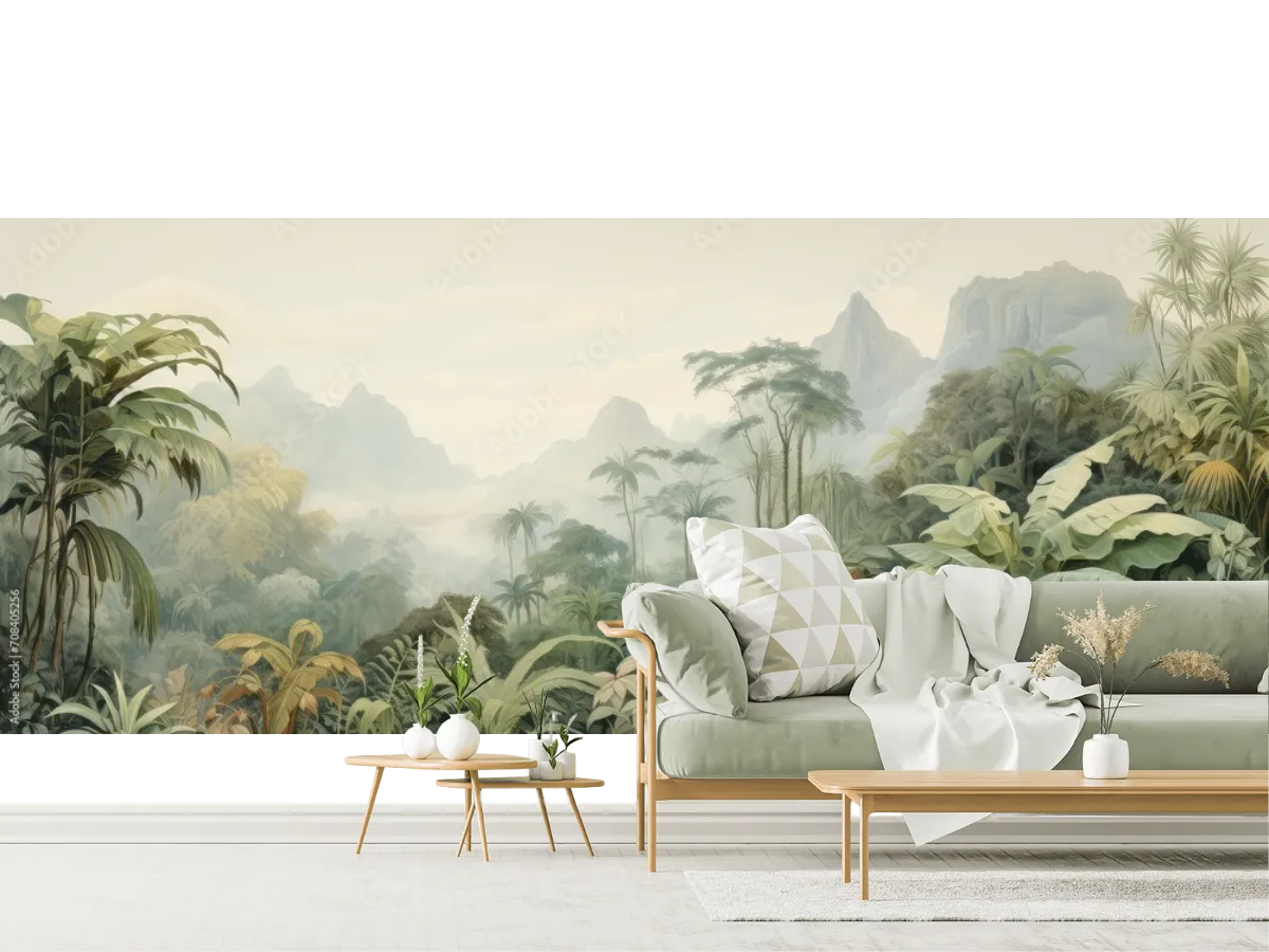 Mural Selva Mística Bruma Tropical papel tapiz decorativo