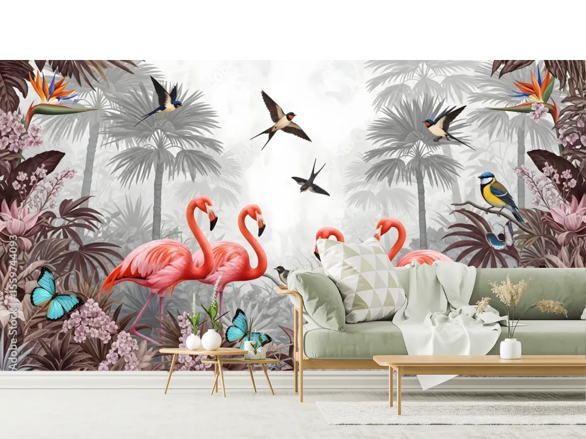 Mural Flamingos Paraíso Tropical en Vinil, Fotomural Decorativo Personalizado
