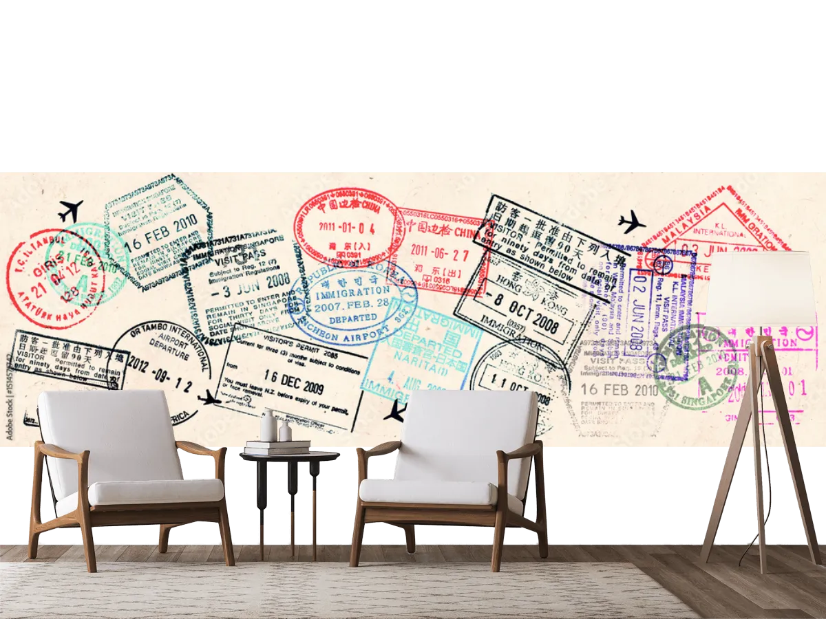 Mural Pasaportes del Mundo Vinil Arquitectónico para Sala, Recámara u Oficina