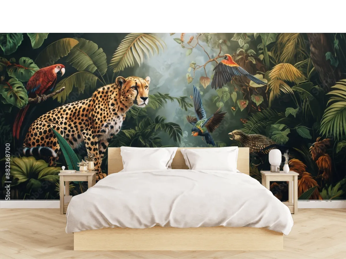 Mural Selva Esplendorosa Cheetah y Guacamayas Vinil Arquitectónico