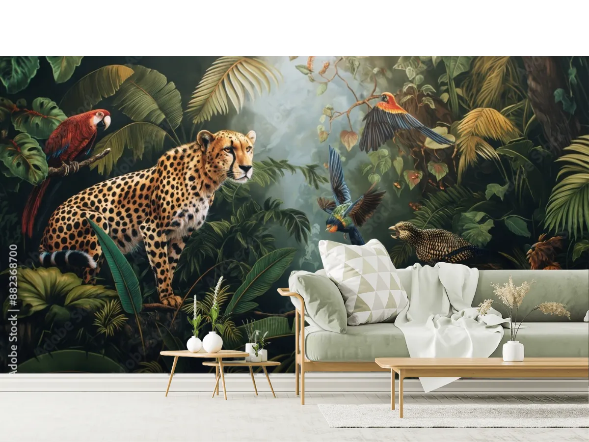 Mural Selva Esplendorosa Cheetah y Guacamayas Vinil Arquitectónico
