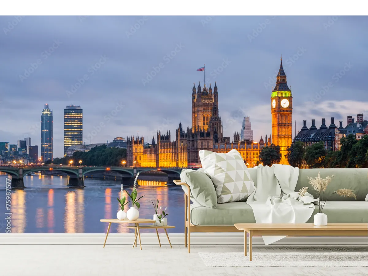 Mural Londres Nocturno Iconic View vinil arquitectónico, diseño mural decorativo