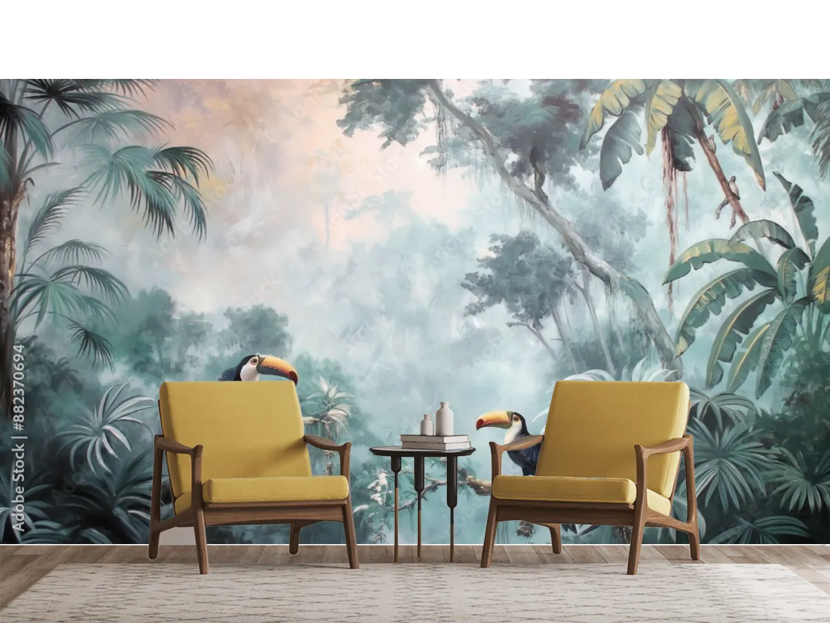 Mural Tropical Tukanes en Selva para sala o recámara – Vinil, Papel Tapiz y más