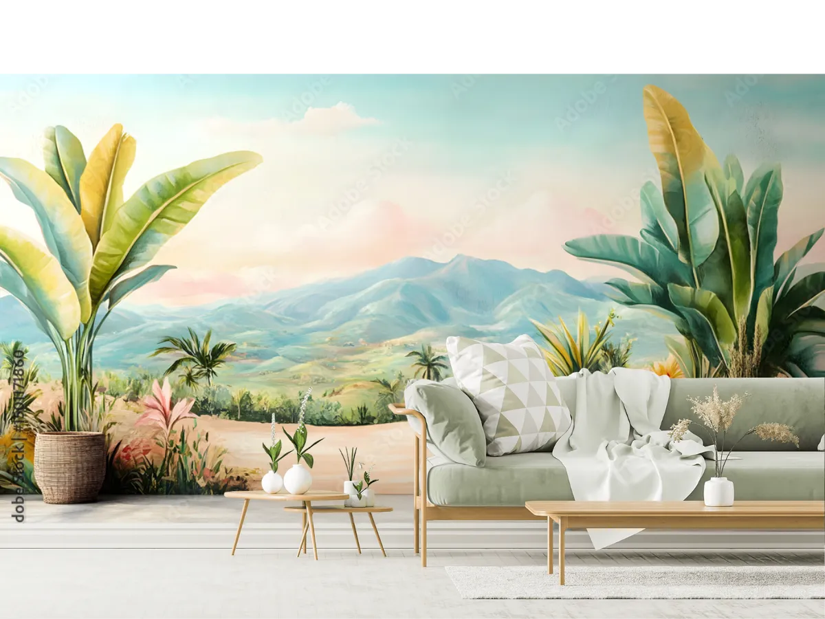 Mural Amanecer Tropical Montañas – Fotomural en Vinil o Papel Tapiz Decorativo