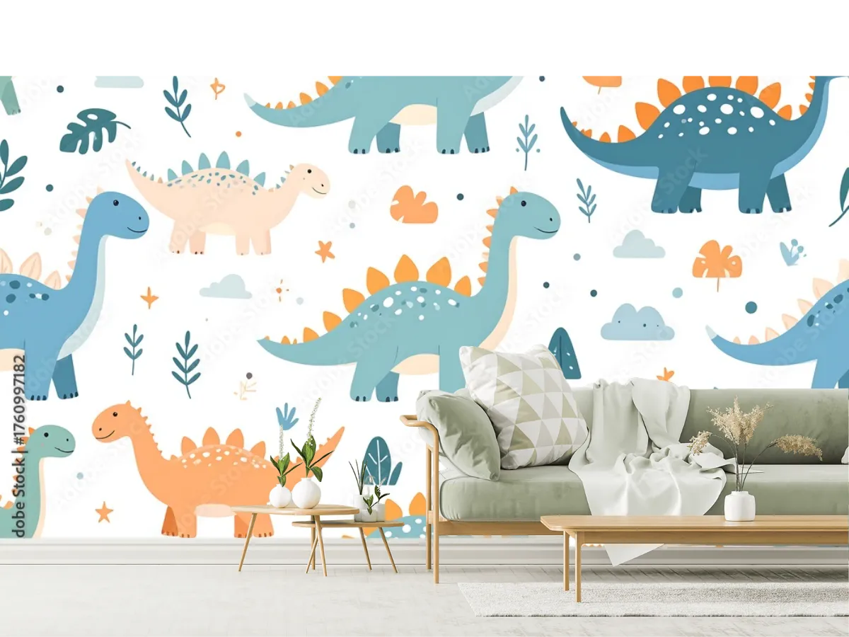 Mural Infantil Dinoaventura Azul Naranja para Pared | Fotomural Vinil, Tapiz Texturizado, Papel Contract