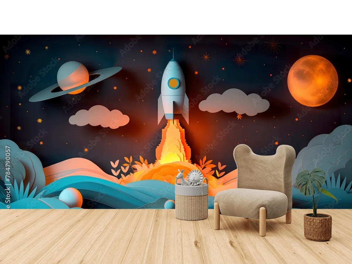 Mural Cohete Cosmos Sueños Niño | Fotomural Papel Tapiz Decorativo Personalizado