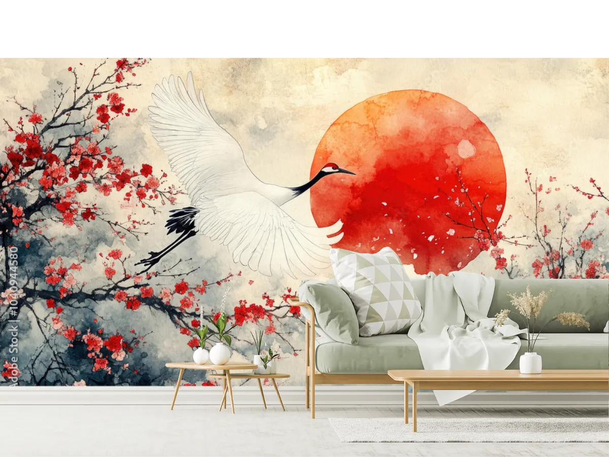 Mural Grulla Amanecer Oriental para Sala y Oficina en Vinil o Papel Tapiz